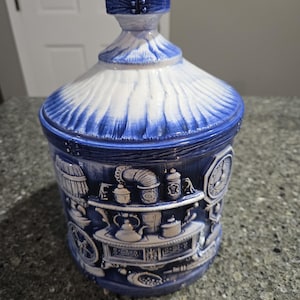 Blue white FLAWED cookie jar, vintage blue white cookie jar Japan, old fashioned cookie jar, retro cookie jar, farmhouse cookie jar Japan