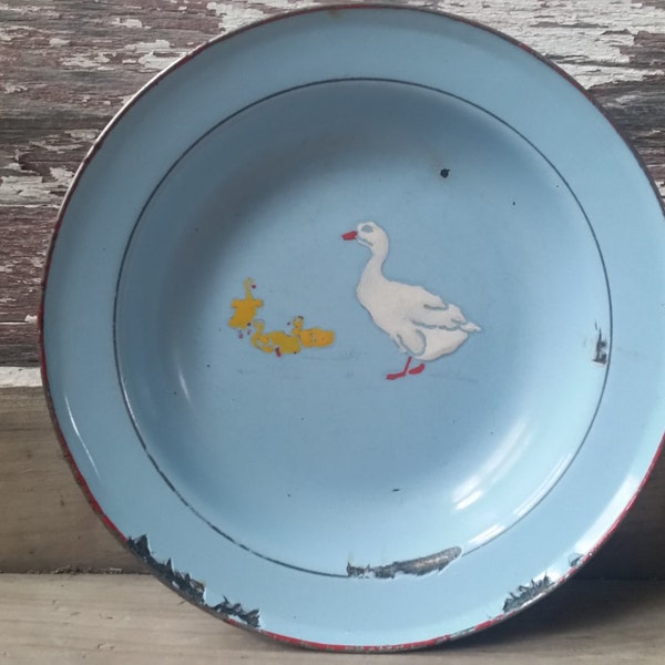 Enamelware blue plate, vintage enamelware child's plate or bowl, rare enamelware