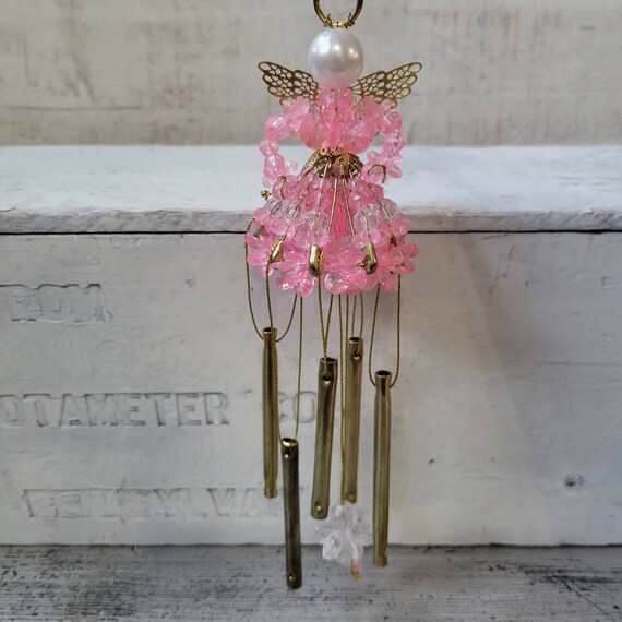 Vintage Angel Wind Chime, Beaded Wind Chime, Pink Angel Safety Pin