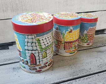 Christmas stackable tin set, vintage Christmas tin set, gingerbread house tin, candy tin vintage, tin set of 3, vintage stackable tins