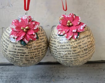 Vintage book page Christmas ornament set of 2, book lover gift, book club gift, repurposed book ornament set of 2, book Christmas ornament