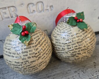 Vintage book page Christmas ornament set of 2, book lover gift, book club gift, repurposed book ornament set of 2, book Christmas ornament