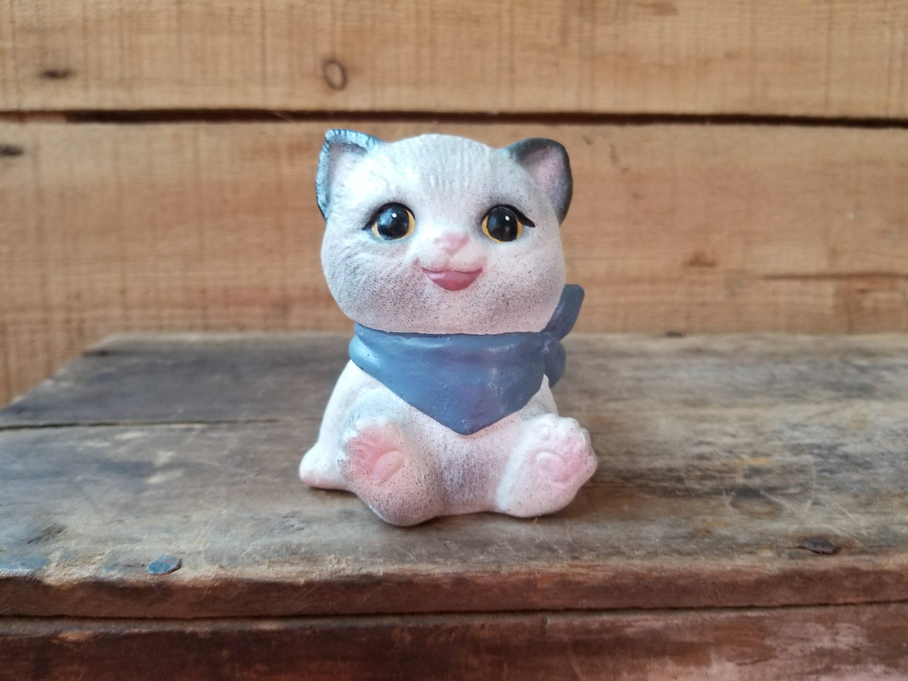 Figurine Chat En Céramique Bleu Et Blanc – Peint à La Main – Vintage