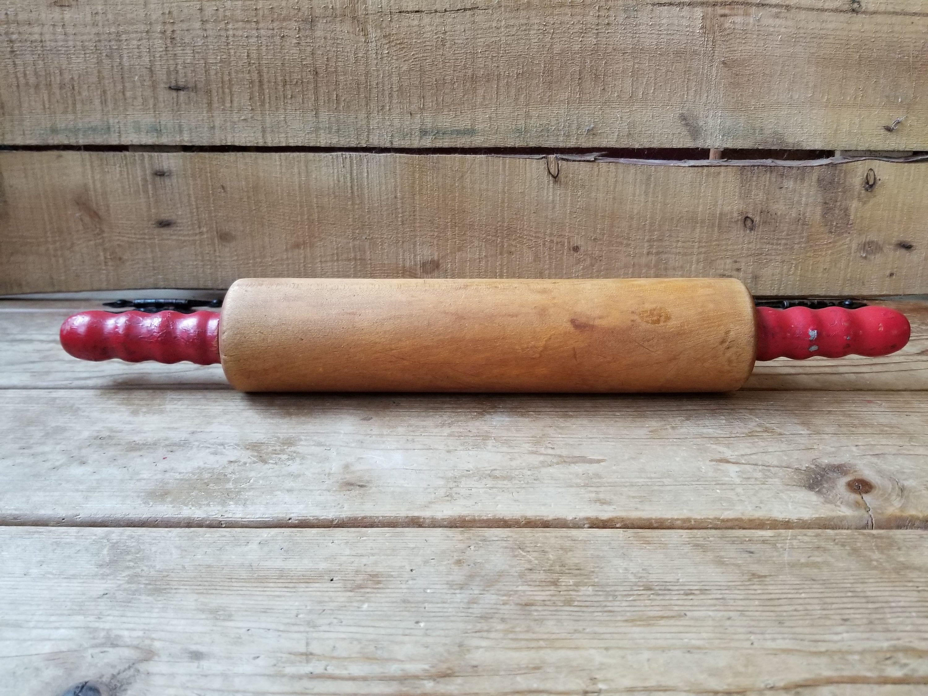 Wood Rolling Pin With Red Handles Vintage Rolling Pin Wood Etsy