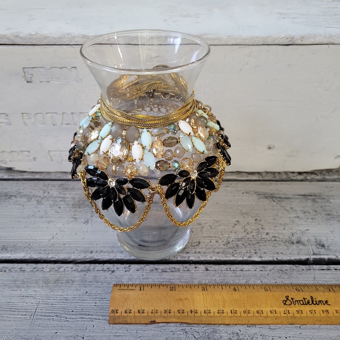 Jeweled Vase Bejeweled Glass Vase Vintage Jewelry Vase Etsy