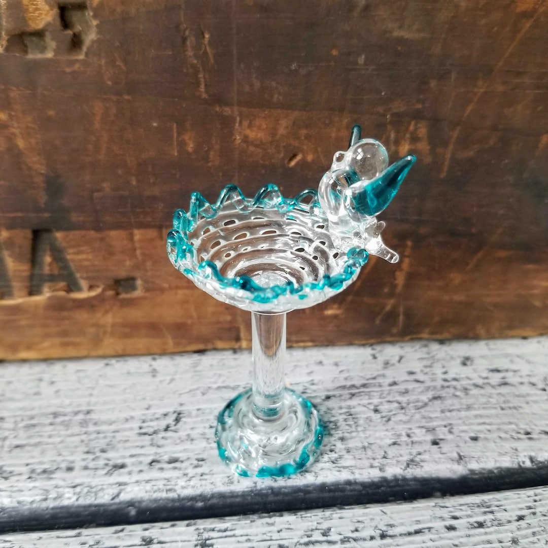 Glass Birdbath Vintage, Hand Spun Glass Birdbath, Vintage Glass Birdbath Figurine, Birdbath