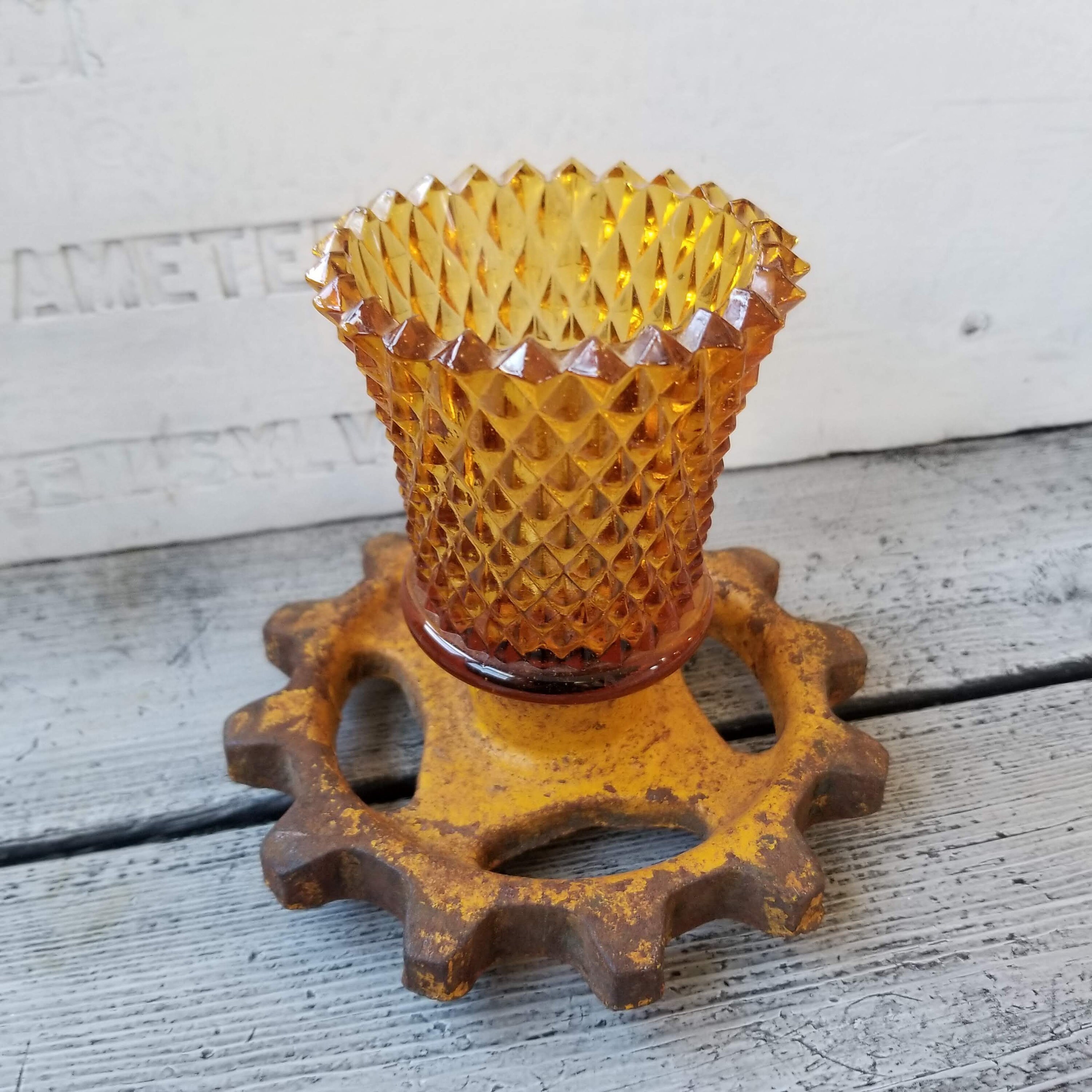 Amber Glass Candle Holder on Vintage Metal Sprocket or Gear Etsy