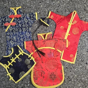 Oriental doll clothes for display, Asian doll clothes, silk doll clothes, vintage Asian doll clothes, red and blue Asian doll clothes
