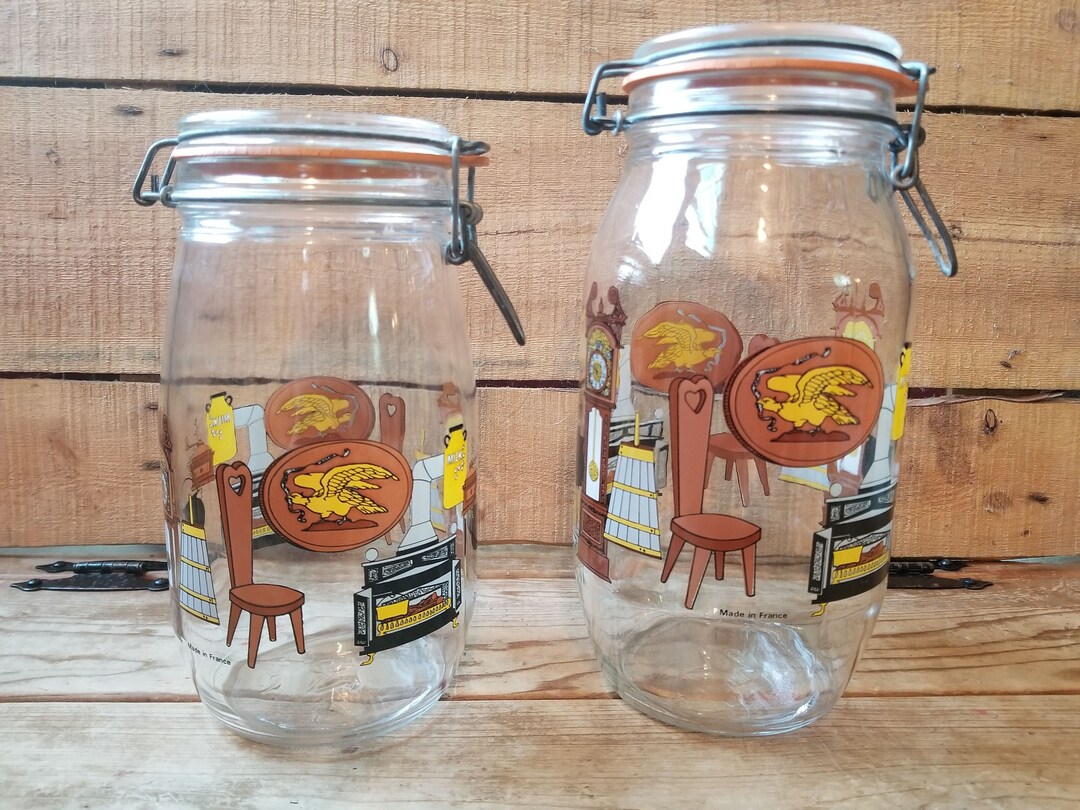 French Canister Jar Set, Vintage French Glass Container, Pair of Glass