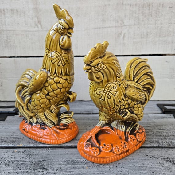 Vintage ceramic rooster set, Inarco Japan chicken, mustard yellow and orange rooster set Japan, retro chicken decor, vintage large roosters