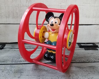 Mickey Mouse rolling red toy, vintage Mickey Mouse toy, vintage Mickey Mouse rattle push toy, Mickey Mouse collectible toy, Illco toy