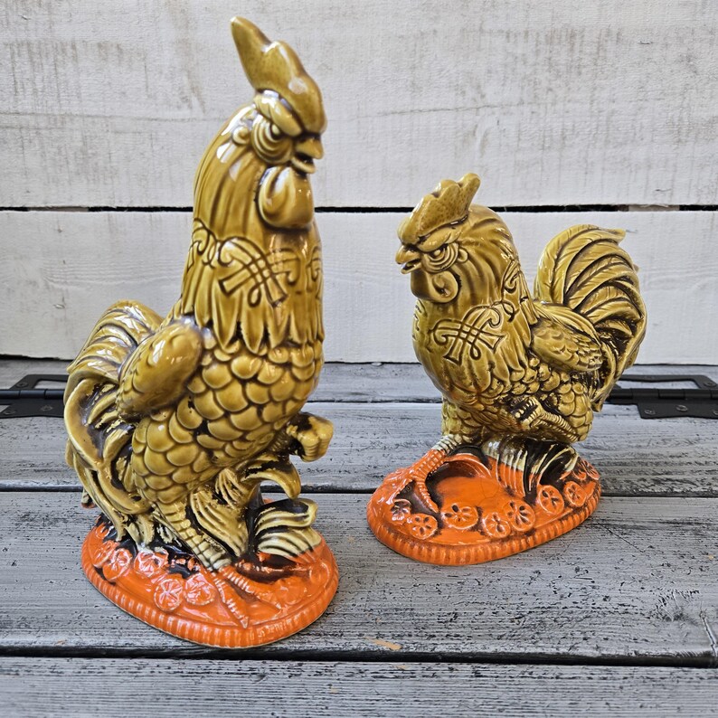 Vintage ceramic rooster set, Inarco Japan chicken, mustard yellow and orange rooster set Japan, retro chicken decor, vintage large roosters image 12
