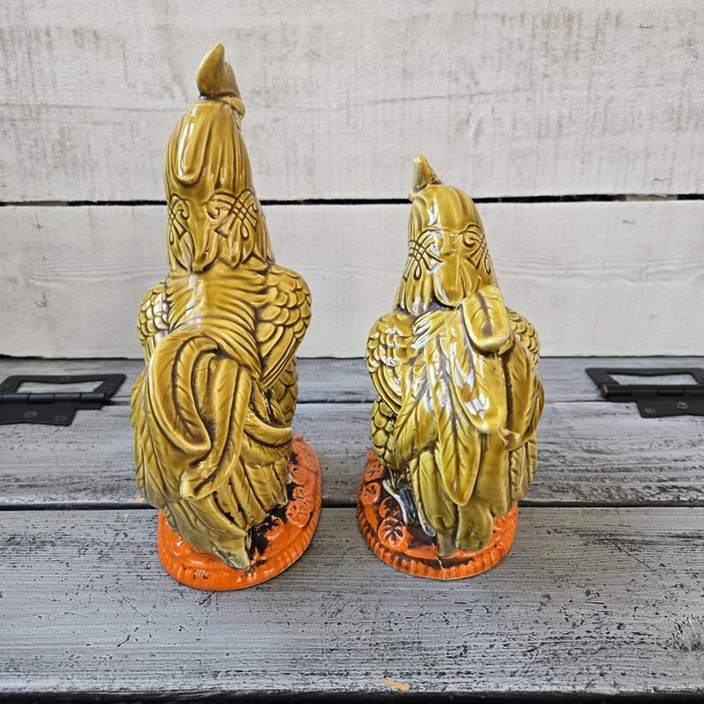 Vintage ceramic rooster set, Inarco Japan chicken, mustard yellow and orange rooster set Japan, retro chicken decor, vintage large roosters image 7
