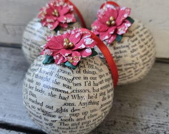 Vintage book page Christmas ornament set of 3, book lover gift, book club gift, repurposed book ornament set of 3, book Christmas ornament