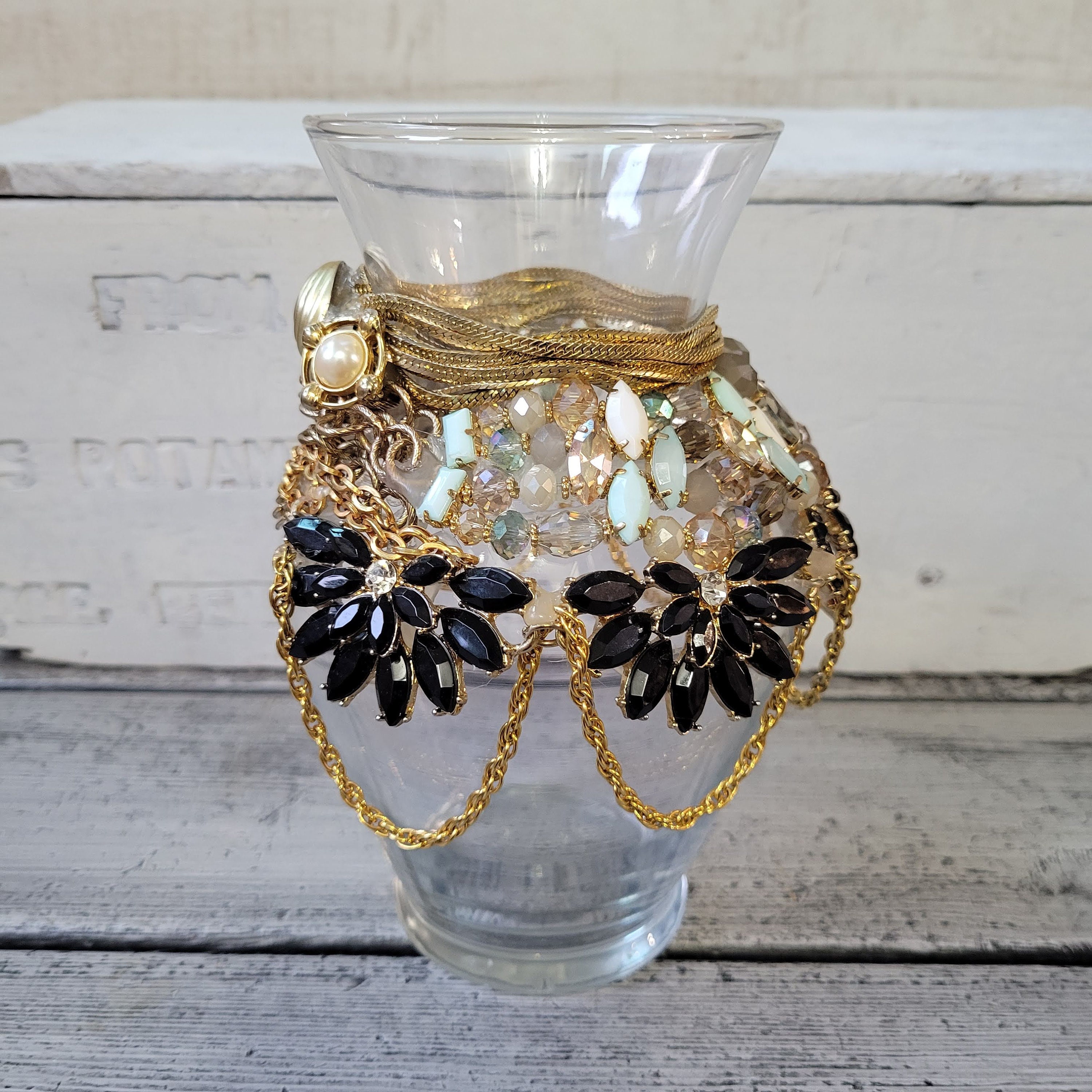 Jeweled Vase Bejeweled Glass Vase Vintage Jewelry Vase Etsy