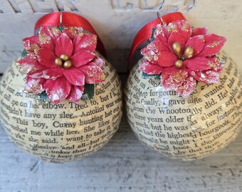 Vintage book page Christmas ornament set of 2, book lover gift, book club gift, repurposed book ornament set of 2, book Christmas ornament
