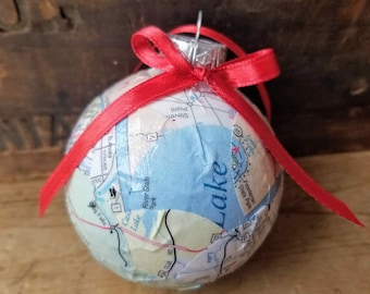 Map ornament upcycled, map Christmas ornament, MN map, WI map, Minnesota gift, Wisconsin gift, vintage map Christmas ornament