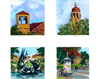 Four Views of the University Campus Life - set of mini gouache paintings painted on location at Stanford.