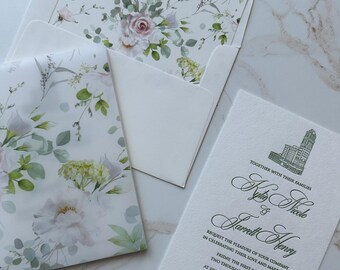 letterpress wedding invitation in vellum wrap, venue illustration on letterpress invitation, vellum flower design with letterpress invite