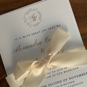 Ribbon Wedding Invitation, Ivory Invitation, Classy Wedding Invitations, Traditional Wedding Invitation, gold invitation, classic Invitation