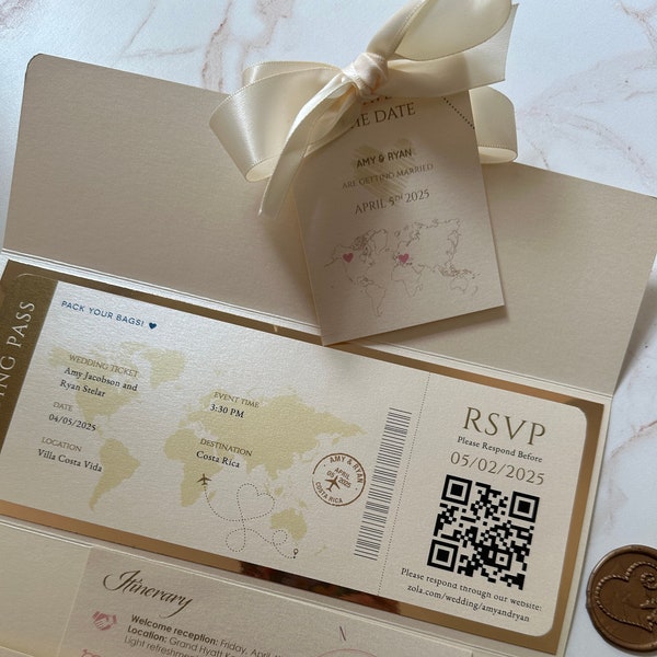 elegant boarding pass flight ticket, beautiful wedding invitation with ribbon and luggage tag, foil trim plane ticket, world map invitation