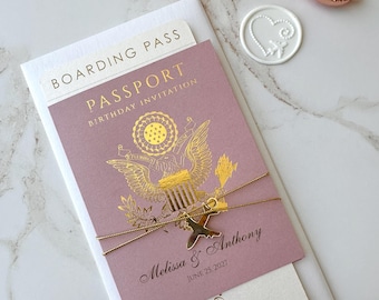 Dusty Rose Passport with gold foil, Dusty rose wedding invitation with acrylic plane, Dusty rose and gold passport wedding invitation