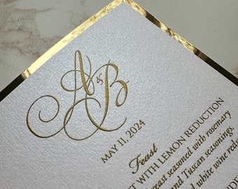 gold foil on wedding menus, raised gold ink on wedding menu, gold foil wedding menus, gold foil menus, vellum place card on wedding menus