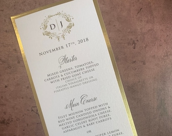 Gold foil wedding menu, gold foil party favour tags, gold foil place card, gold foil menus, foil menus, wedding menus, wedding stationery