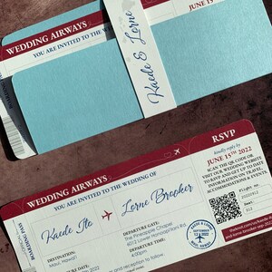 May include: Wedding invitation designed as a boarding pass. The invitation features a light blue background with red accents and the text "Wedding Airways." The names Kaede & Lorne are displayed on a white band. Details include the date, time, and location.