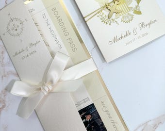 boarding pass with gold foil trim and passport wedding invitation, passport and ticket wedding invite, luxury save the date invitation