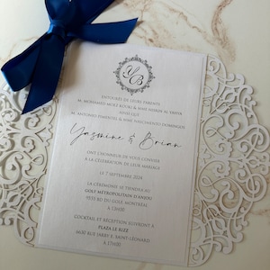 royal blue ribbon and white laser cut, laser cut wedding invitation, laser cut invitation, royal blue wedding invitation, laser cut invite