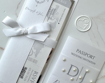 Pearls on passport, elegant passport and boarding pass invitation, save the date boarding pass, save the date passport, vellum and pearls