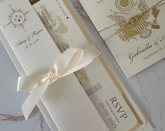 Save The date Boarding Pass ticket, destination wedding invitation, Plane ticket with world map and foil trim, travel invitation, Passport
