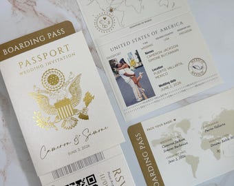 gold foil passport wedding invitation, passport wedding suite, airplane ticket and passport wedding invite, boarding pass ticket invite