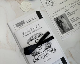 travel theme passport invitation, black and white wedding invitation, boarding pass ticket, formal destination invite, elegant passport