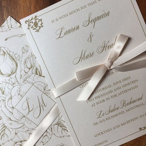 May include: Ivory wedding invitation with gold script text and a cream ribbon. The invitation includes the names Lauren Sequeira & Marc Heal, and event details. A floral design is on the envelope.