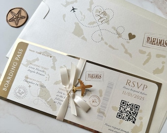 Boarding pass invitation, world map wedding invitation, gold boarding pass, acrylic gold airplane on boarding pass with gold foil trim