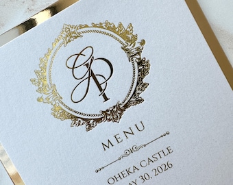 gold foil monogram wedding menu, foil menus, gold foil wedding menu, elegant wedding menu, stationery, gold foil menu design, beautiful menu