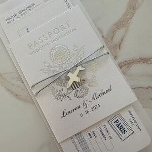 silver foil passport invitations, silver foil travel invitation, silver foil wedding passport, silver airplane passport invitation, passport