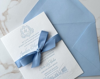 letterpress invitation with venue illustration, seashell invitation, light blue letterpress wedding invitation, Letterpress wedding invite