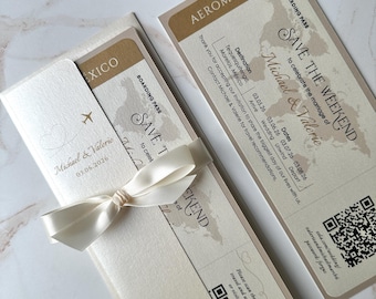 Save The Weekend, Save The date, boarding pass wedding invitation, Mexico passport emblem, ticket and passport invite, save the date invite
