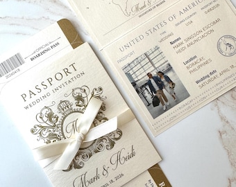 gold Passport Invitation,  Passport Invitations, Passport and ticket invitation, gold raised ink or gold foil wedding passport, destination
