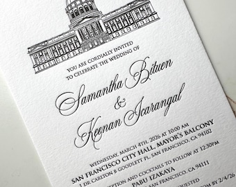 letterpress invitation, letterpress wedding invite, venue illustration, venue drawing on letterpress wedding invitation, timeless invite