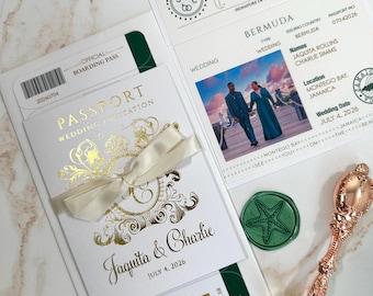 Green and gold passport wedding invitation, green and gold boarding pass invite, foil passport, gold foil wedding save the date, passport
