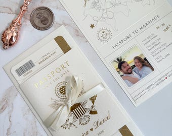 Hawaii passport wedding invitation, gold foil save the date invitation, save the date passport, save the date boarding pass invitation