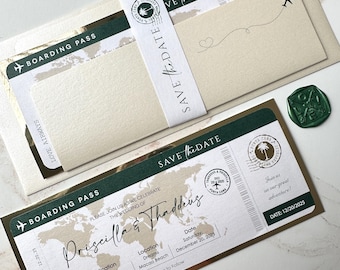 save the date boarding pass invitation, save the date world map ticket, save the date wedding invitation, green and gold boarding pass
