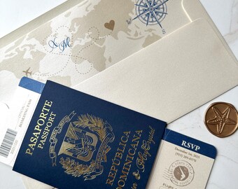 Dominican Republic passport invitation, navy passport invitation with gold foil, passport and boarding pass ticket, passport wedding invite