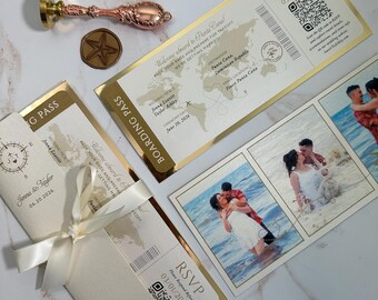 save the date boarding pass invitation, travel theme wedding invitation, elegant ticket invite, gold foil passport and airplane invitation