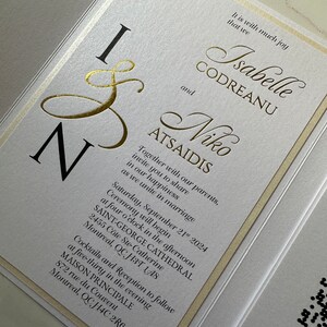 gold foil wedding invitation in your color,  folded over invitation with ribbon pocket to hold QR code response card, wax seal to close