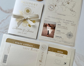 elegant gold boarding pass and passport combination, save the date passport, save the date wedding invitation, save the date boarding pass